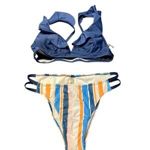 New Cupshe Bikini Womens Medium Navy Plunge Bikini Top Striped Bottom‎ Flaw